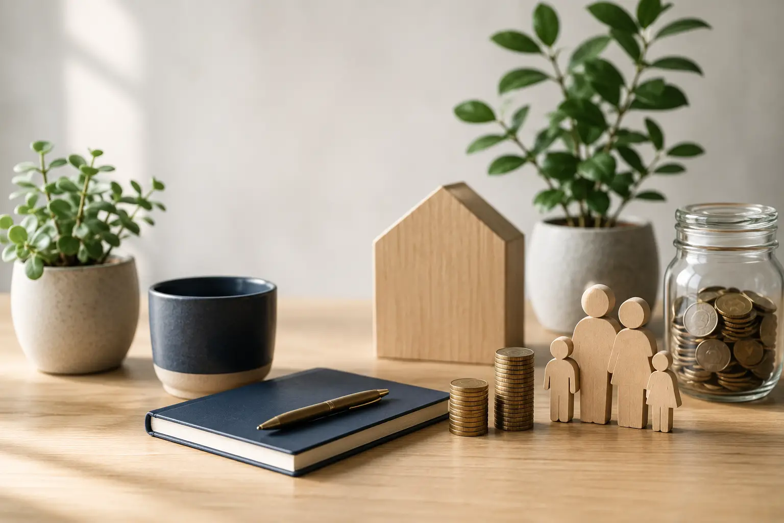 Minimal financial planning workspace with savings jar, family figurines, notebook, coins and home model representing long-term pension planning and financial security.