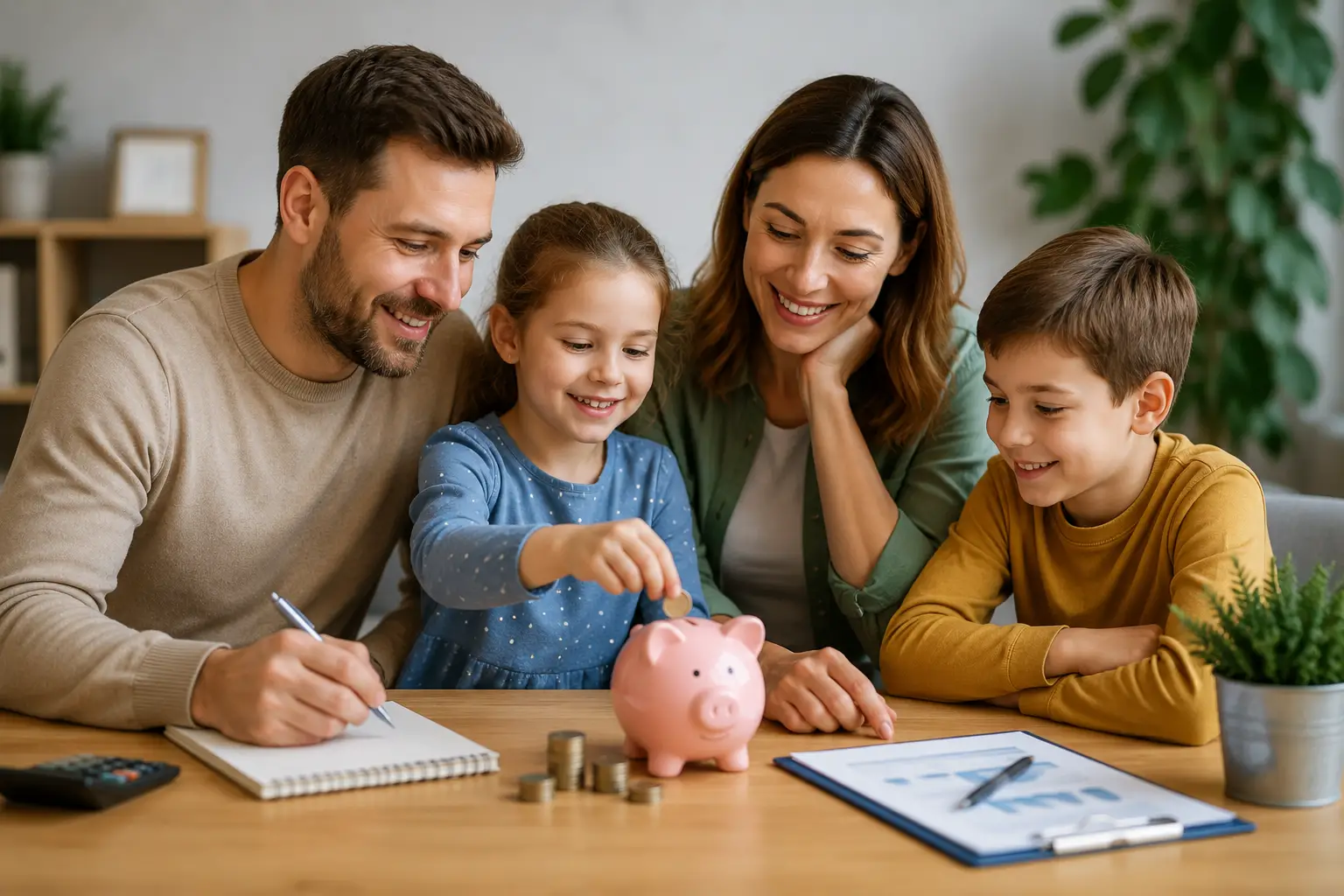 Family reviewing savings plans together around a table with a piggy bank, coins and financial documents, representing long-term financial planning and future security.