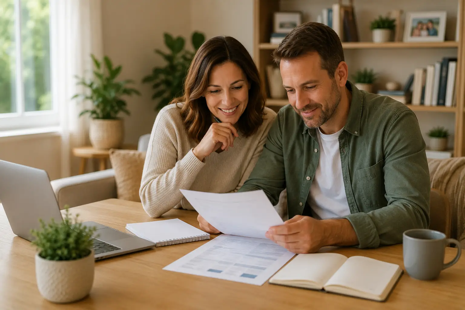 Couple reviewing household finances together at a kitchen table, representing income protection, financial planning and long-term family security.