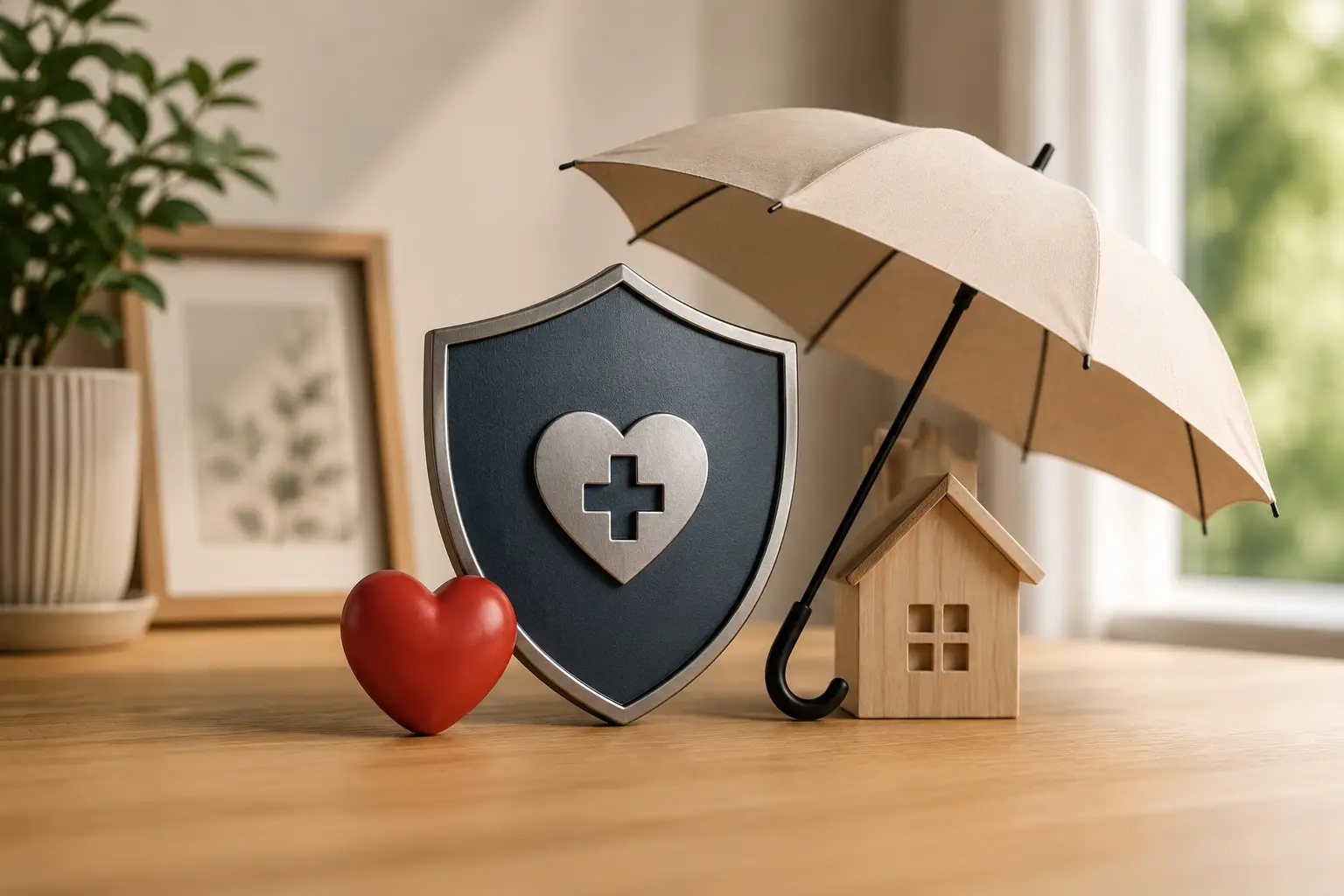 Shield with medical heart symbol beside a house model and umbrella representing serious illness cover, family protection and financial security during unexpected health events.
