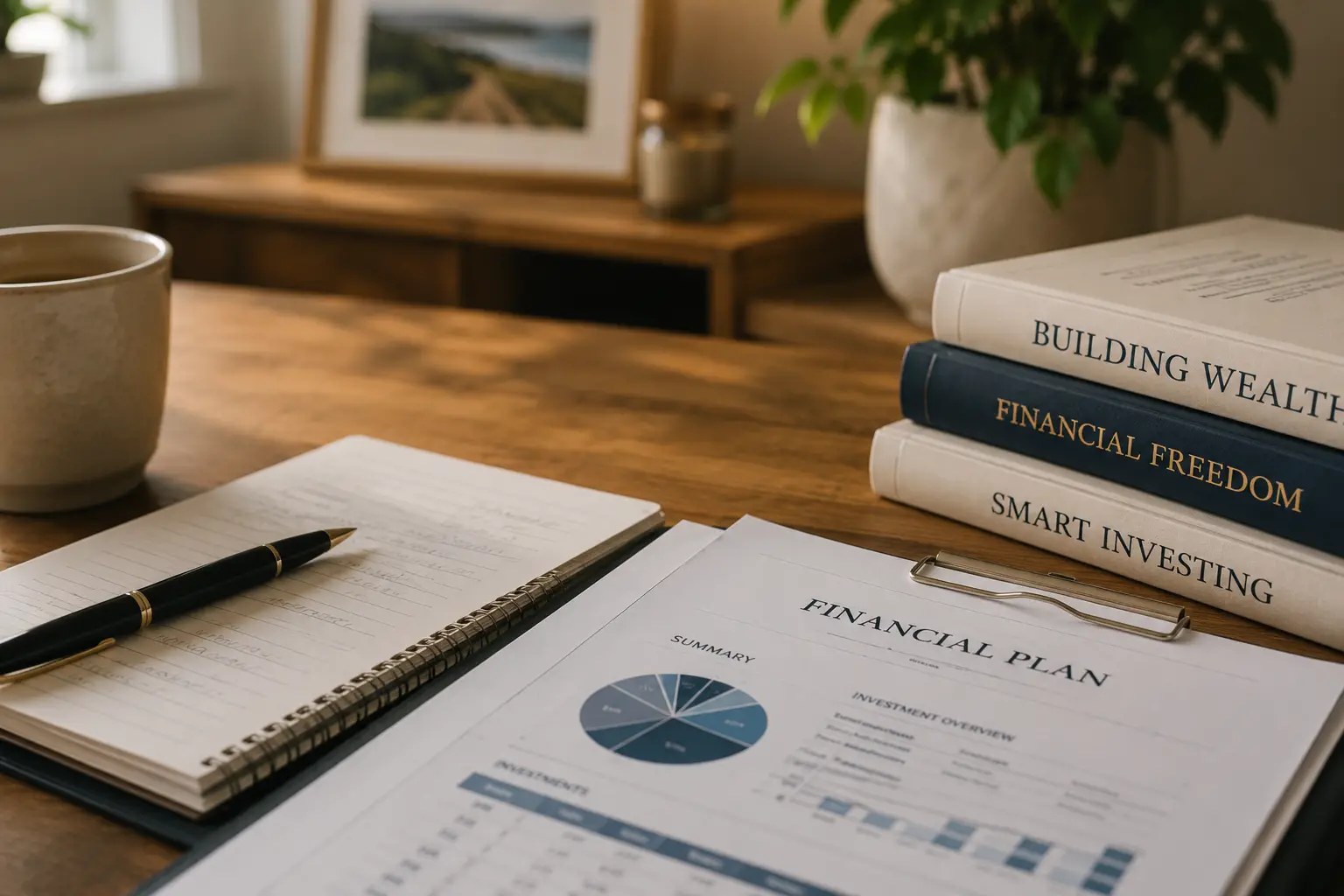 Warm home office setting with financial planning documents, notebook, coffee mug and plants, representing a trusted family-run financial advisory service.