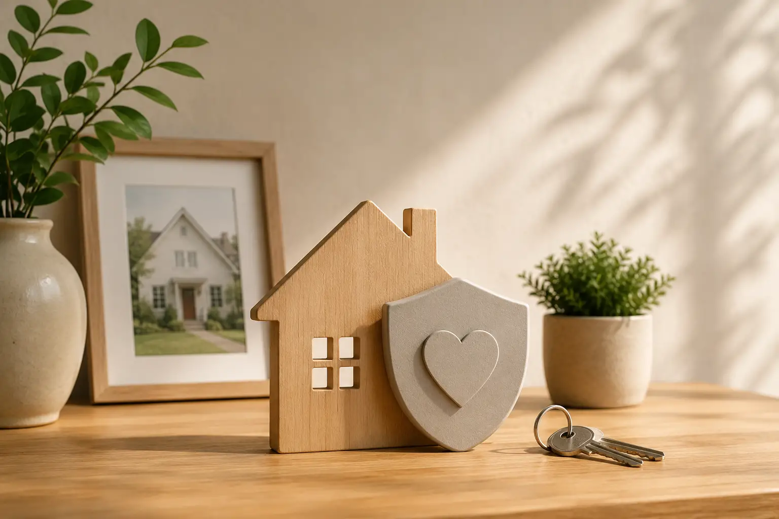 Wooden house model with keys, umbrella and financial documents on a table representing mortgage protection, home security and long-term family financial protection.