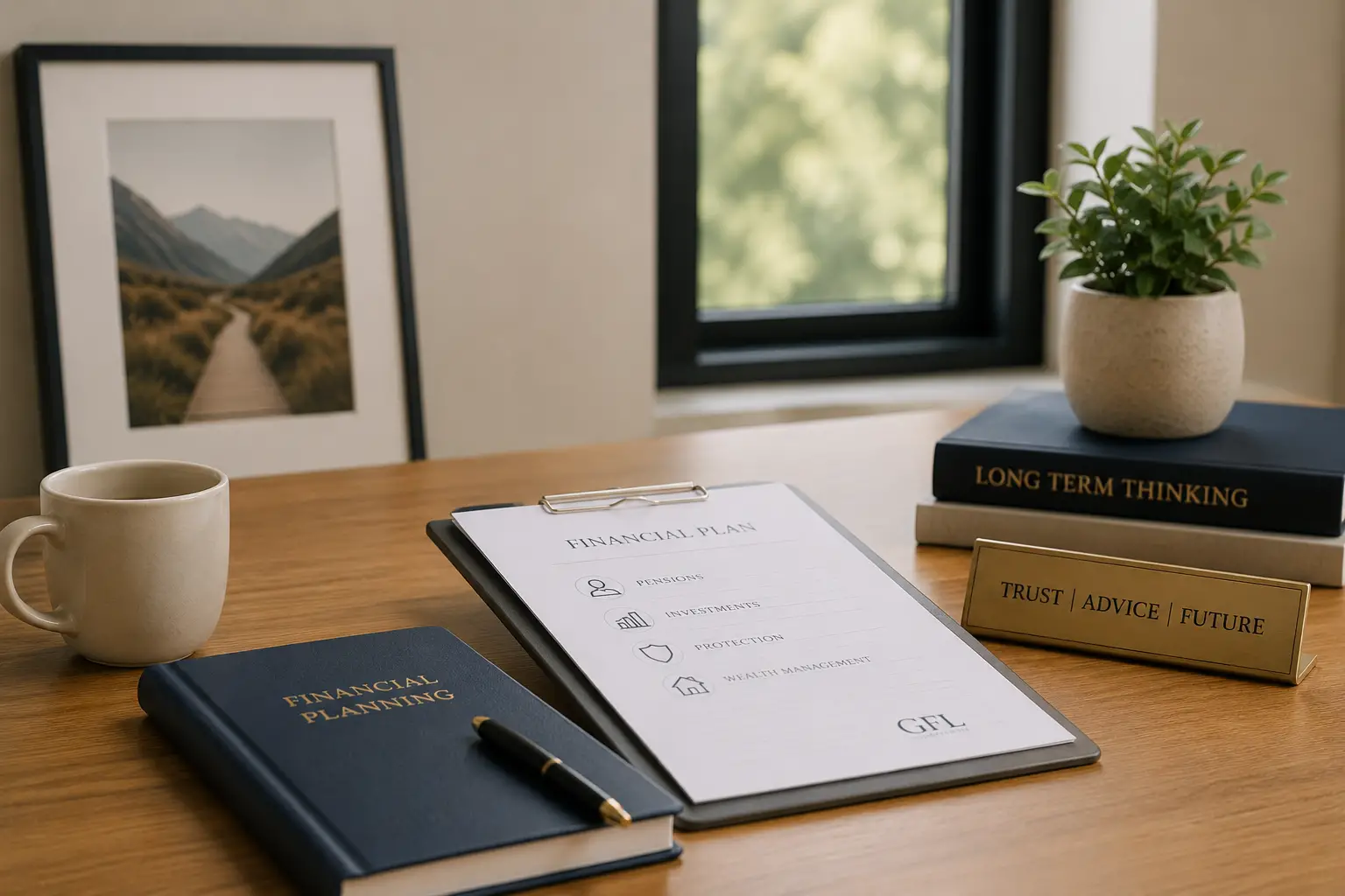 Warm professional workspace with financial documents, notebook, coffee cup and home decor representing trusted financial planning and long-term client relationships.